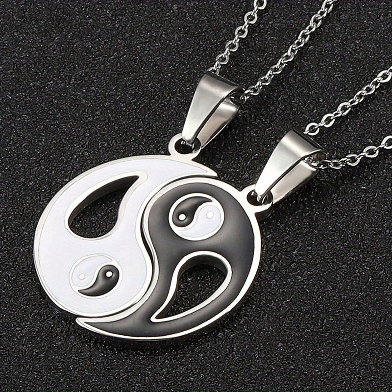 Yin Yang Puzzle Matching Pendant Necklace Couples Stainless Steel Enamel